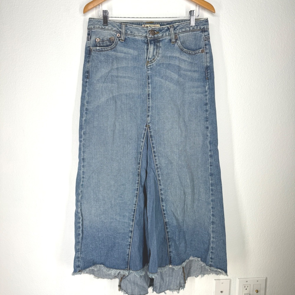 Vintage‎ LEI Low Rise Denim Jean Maxi Skirt 90s Raw Hem Size 9 Y2K Festival Boho